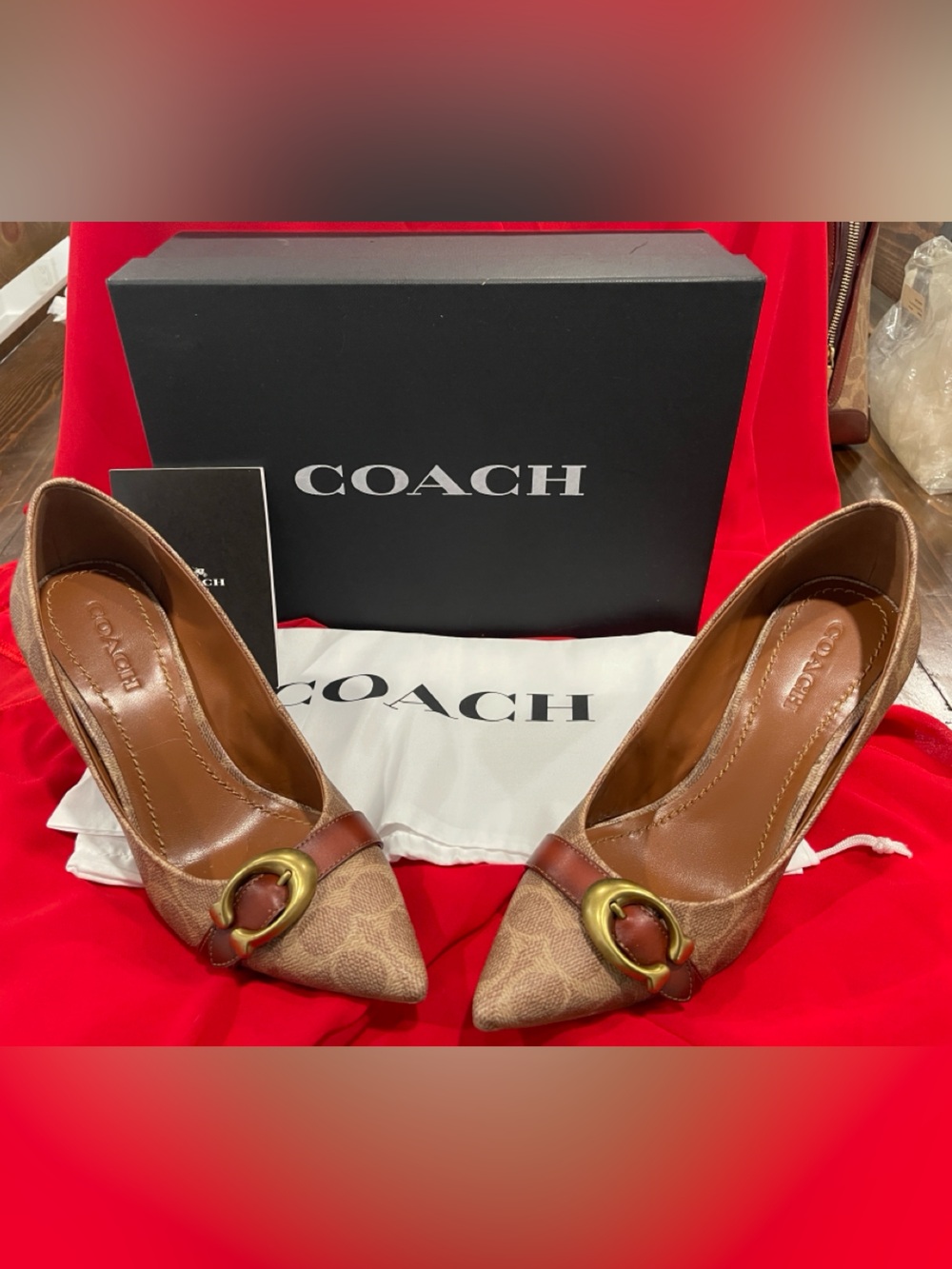 COACH Brown Monogram Pointed-Toe Flats with Leather Strap and Gold Buckle SZ 10